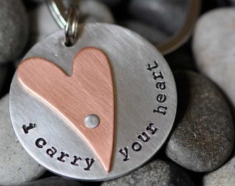 I Carry Your Heart - Hand Stamped Key Chain - ee cummings - Long Distance Love - 7 Year Anniversary Gift - Heart Keychain - Bereavement Gift