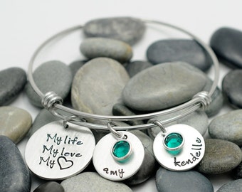 Expandable Wire Bangle - My Love My Life My Heart - Hand Stamped Jewelry - Personalized Bracelet - Mommy Bracelet - Charm Bracelet