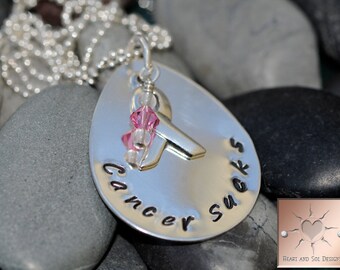 Hand Stamped Custom Sterling Tear Drop Necklace - "Cancer Sucks"