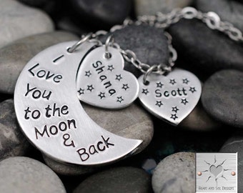 Hand Stamped Jewelry - Handstamped Mommy Necklace - I Love You To The Moon and Back - Name Jewelry - Mother's Day Gift Idea - Heart Necklace