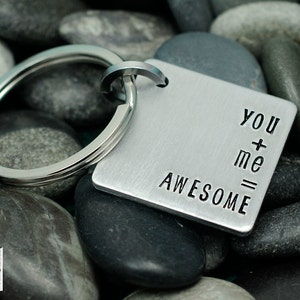 You Plus Me Equals Awesome - Hand Stamped Keychain  - Personalized - Custom - Made To Order - Valentine's Day Gift