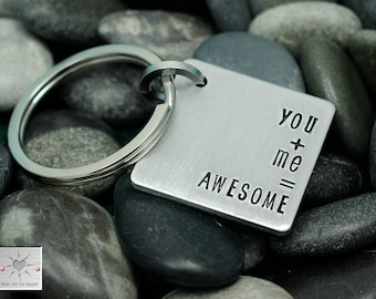 You Plus Me Equals Awesome - Hand Stamped Keychain  - Personalized - Custom - Made To Order - Valentine's Day Gift