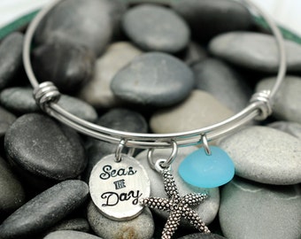 Personalized Beach Bangle - Expandable Wire Bangle - Hand Stamped Jewelry - Sea Glass Jewelry - Starfish Bracelet - Personalized Bracelet