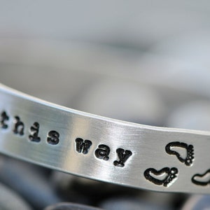 Personalized Hand Stamped Bracelet Walk This Way Footprints Aluminum Cuff Custom image 1