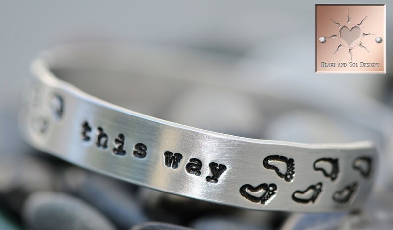 Personalized Hand Stamped Bracelet Walk This Way Footprints Aluminum Cuff Custom image 1