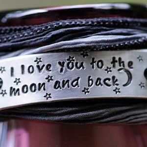 Custom Silk Wrap Bracelet - Hand Stamped - Personalized - Hand Dyed Silk Ribbon - I Love You To The Moon & Back