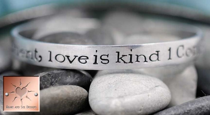 Love is Patient, Love is Kind Corinthians 13:4 Personalized Hand Stamped Custom Bracelet Cuff Handstamped Jewelry image 2