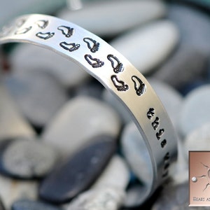 Personalized Hand Stamped Bracelet Walk This Way Footprints Aluminum Cuff Custom image 2