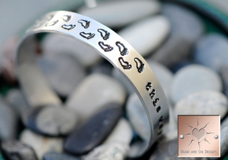 Personalized Hand Stamped Bracelet Walk This Way Footprints Aluminum Cuff Custom image 2