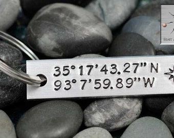 Custom Coordinates Keychain - Latitude Longitude Key Chain - Handstamped Personalized Keychain -  GPS - Long Distance Relationship - 10 Year