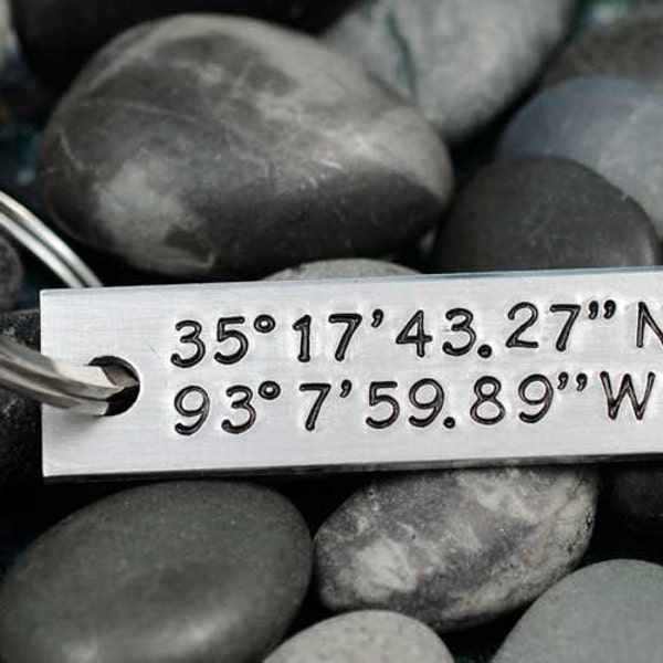 Custom Coordinates Keychain - Latitude Longitude Key Chain - Handstamped Personalized Keychain -  GPS - Long Distance Relationship - 10 Year