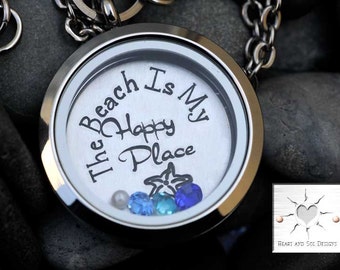 SALE - Hand Stamped Jewelry - Beach Necklace - The Beach is My Happy Place - Floating Locket - Floating Charm Locket - Memory Locket