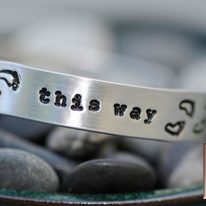 Personalized Hand Stamped Bracelet Walk This Way Footprints Aluminum Cuff Custom image 3