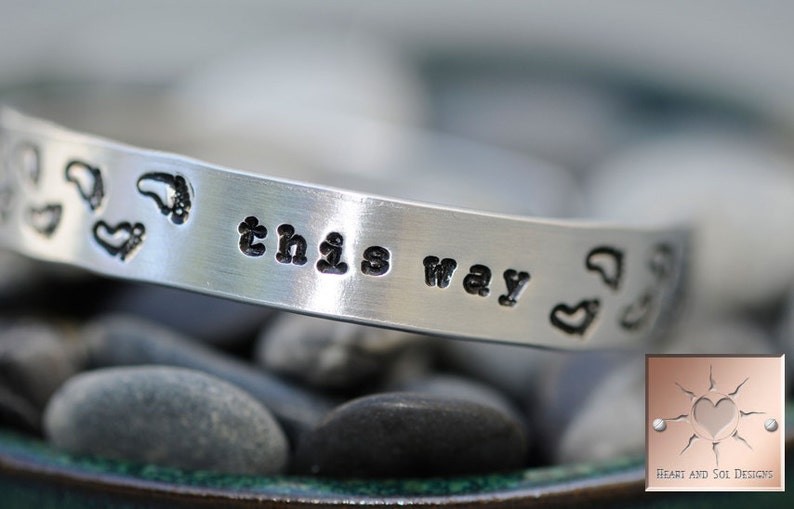 Personalized Hand Stamped Bracelet Walk This Way Footprints Aluminum Cuff Custom image 3
