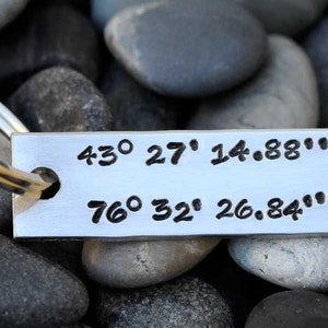 Handstamped Latitude and Longitude Key Chain Personalized Hand Stamped Anniversay Wedding Birth Announcement image 1