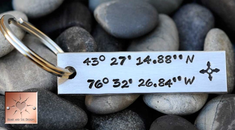 Handstamped Latitude and Longitude Key Chain Personalized Hand Stamped Anniversay Wedding Birth Announcement image 1