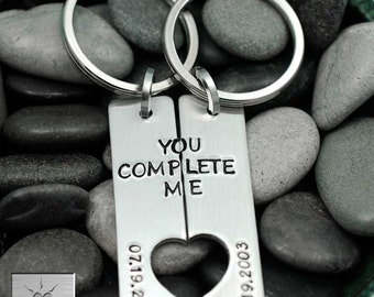 Couples Gift - You Complete Me Keychain Set - Anniversary Gift - His and Hers Gifts - Matching Heart - Wedding Date - Valentine's Day Gift