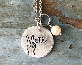 Vote Necklace - Handstamped Necklace - Election 2020 - Handstamped Jewelry - Pearl Necklace - Peace