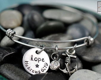 Expandable Wire Bangle - Charm Bracelet - Hand Stamped Jewelry - Personalized Bracelet - Hebrews 6:19 - Hope Anchors the Soul - Bible Verse