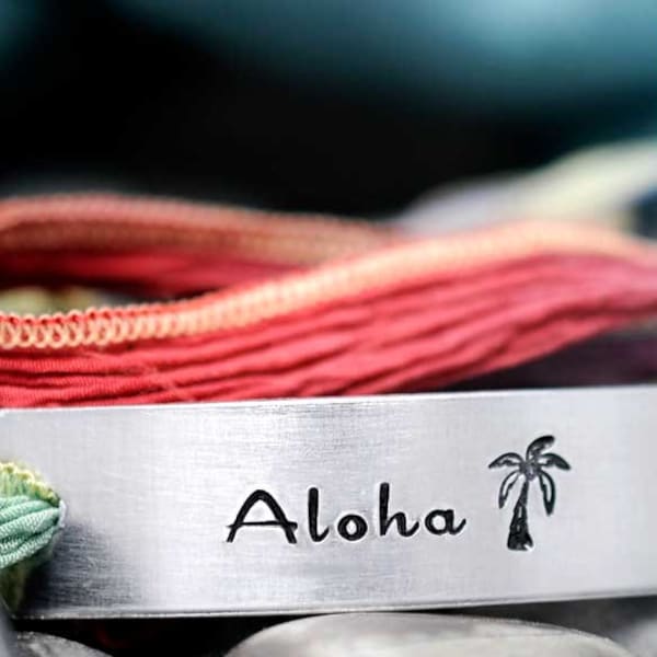 Aloha Bracelet - Custom Silk Wrap Bracelet - Hand Stamped - Personalized - Hand Dyed Silk Ribbon - Palm Tree