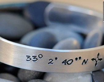 Hand Stamped Bracelet - Personalized Cuff Bracelet - Latitude and Longitude Bracelet - Long Distance Relationship Gift - Longitude Latitude