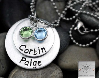 Personalized Hand Stamped Custom Necklace- Handstamped Jewelry - Gift for Mom - Two Names - Two Disc Stacked - Birthstone Charms