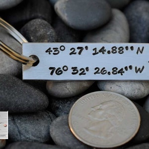 Handstamped Latitude and Longitude Key Chain Personalized Hand Stamped Anniversay Wedding Birth Announcement image 2