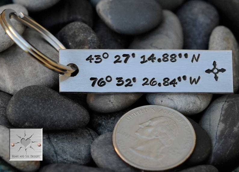 Handstamped Latitude and Longitude Key Chain Personalized Hand Stamped Anniversay Wedding Birth Announcement image 2