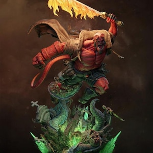 Pode incluir: Figura vermelha de Hellboy com uma espada em chamas, em pose de ação dinâmica. A figura está sobre uma base detalhada com elementos verdes e azuis. A figura tem cauda e chifres. O texto "LOYALTY PASS 3 MONTHS" é visível.