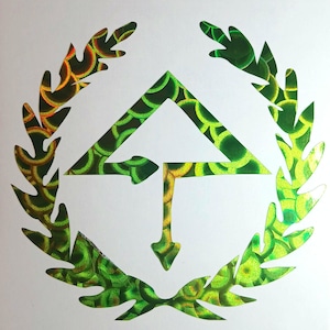 May include: A holographic sticker featuring a central upward-pointing arrow symbol enclosed within a circular laurel wreath. The design displays a vibrant green and yellow color palette with a repeating circular pattern throughout the entire graphic.