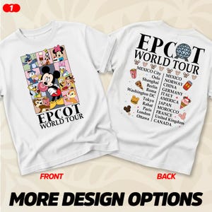 May include: Two white t-shirts with "EPCOT WORLD TOUR" printed on them. The front design features Mickey Mouse and other Disney characters. The back design lists cities around the world. The text "FRONT" and "BACK" are also visible.