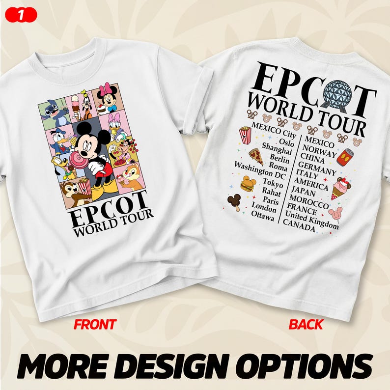 May include: Two white t-shirts with "EPCOT WORLD TOUR" printed on them. The front design features Mickey Mouse and other Disney characters. The back design lists cities around the world. The text "FRONT" and "BACK" are also visible.