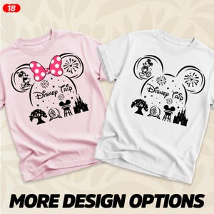 May include: Two t-shirts, one pink and one white, with a black Mickey Mouse silhouette design. The design includes Mickey's ears, fireworks, and the words "Disney Trip". The pink shirt has a polka dot bow.