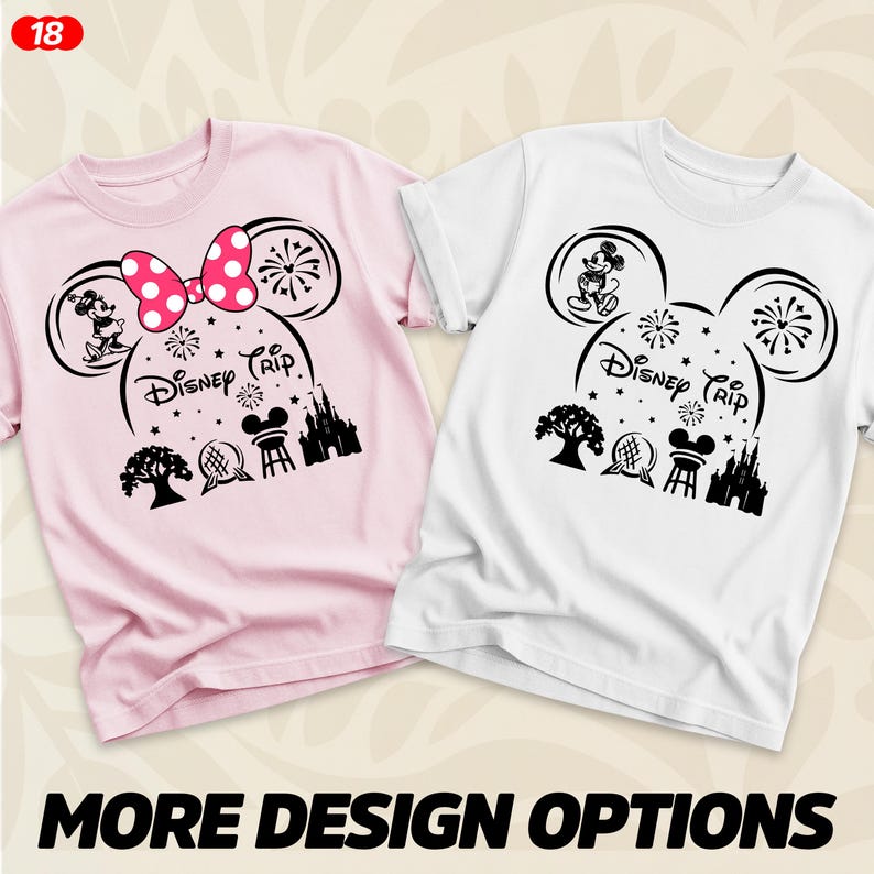 May include: Two t-shirts, one pink and one white, with a black Mickey Mouse silhouette design. The design includes Mickey's ears, fireworks, and the words "Disney Trip". The pink shirt has a polka dot bow.