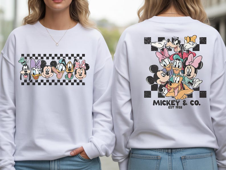 Vintage Disney Friends Sweatshirt, Mickey and Co Checkerboard Pullover, Retro Disney World Family Shirts, Disney Park Aesthetic Sweater image 1