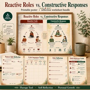 Peut inclure: Un ensemble d'affiches et de fiches de réflexion imprimables intitulé Reactive Roles vs. Constructive Responses. Le kit comprend un guide visuel, une feuille de réflexion sur les changements de modèles, un suivi de cycle, une page de réflexion quotidienne et un guide de référence rapide avec des illustrations et du texte.