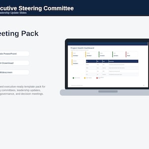 May include: A laptop displays a "Project Health Dashboard" with data visualizations. The screen shows a table with color-coded statuses: Amber, Green, and Red. The text "Meeting Pack" and "Editable PowerPoint" are also visible.