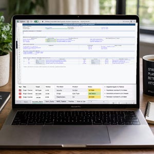 May include: A MacBook Pro laptop displays a spreadsheet titled "EXECUTIVE PROJECT STATUS UPDATE." The screen shows data in columns and rows, with highlighted cells. A black coffee mug with white text and a small notebook are on the desk.
