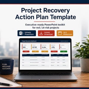 Puede incluir: Una plantilla de plan de acción de recuperación de proyectos en la pantalla de una computadora portátil. El panel muestra métricas como estado, puntuación de salud y presupuesto. El texto incluye 'Project Recovery Action Plan Template' y 'PLAN. RECOVER. SUCCEED.'