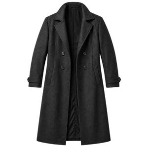 Spider Noir inspired black trench coat front view, double breasted long coat with classic lapel collar and side pockets