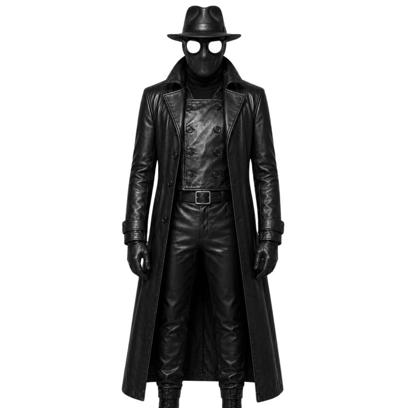 Spider Man Noir leather trench coat costume front view, black superhero cosplay outfit with matching vest and fedora hat