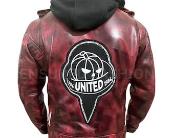 Veste d'Halloween inspirée de Michael Kiske | Pumpkins United 1984 Logo sur la capuche amovible | Manteau effet vieilli bordeaux