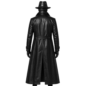 Spider Man Noir leather trench coat back view, long black cosplay coat with fitted silhouette and rear belt detail