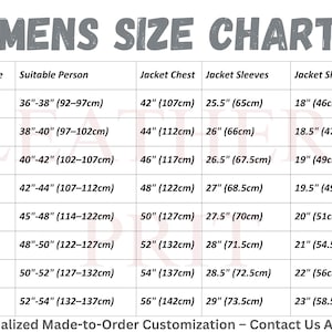 May include: A size chart table titled MENS SIZE CHART with columns for Your Size, Suitable Person, Jacket Chest, Jacket Sleeves, and Jacket Shoulder. It lists measurements from XS to 4XL in both inches and centimeters for jacket sizing.