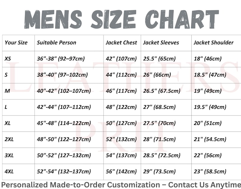 May include: A size chart table titled MENS SIZE CHART with columns for Your Size, Suitable Person, Jacket Chest, Jacket Sleeves, and Jacket Shoulder. It lists measurements from XS to 4XL in both inches and centimeters for jacket sizing.