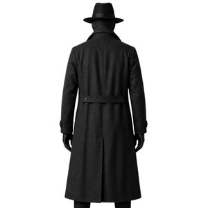 Spider Man Noir black trench coat back view showing long silhouette, rear belt detail and detective inspired cosplay design