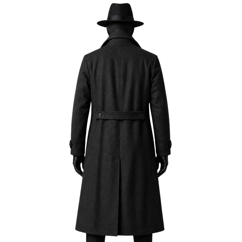 Spider Man Noir black trench coat back view showing long silhouette, rear belt detail and detective inspired cosplay design
