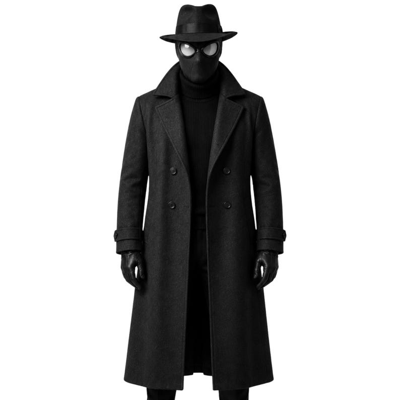 Spider Man Noir black trench coat front view, long double breasted detective style coat, superhero cosplay costume inspired by Spider Noir