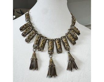 VTG Egyptian Revival Brass Bib Necklace 18" Cleopatra Tassel Statement Collar