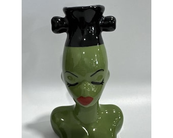 VTG Nubian Woman Head Vase African Pop Art Green Kitsch MCM Ceramic Figural WOW!